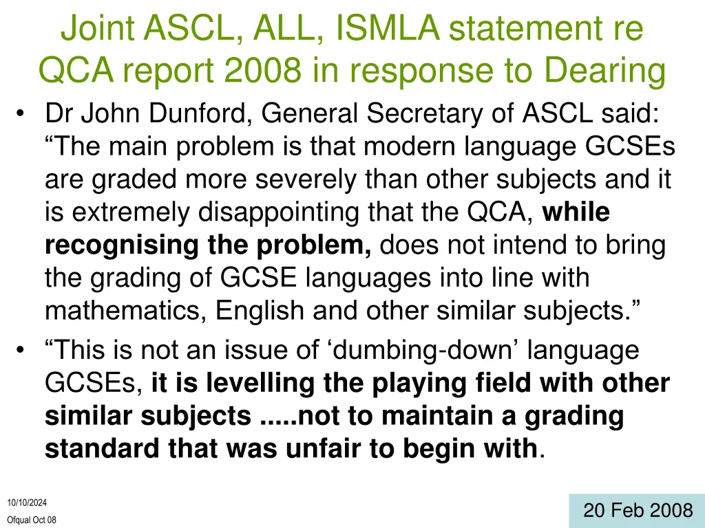 joint ascl all ismla statement re qca report 2008