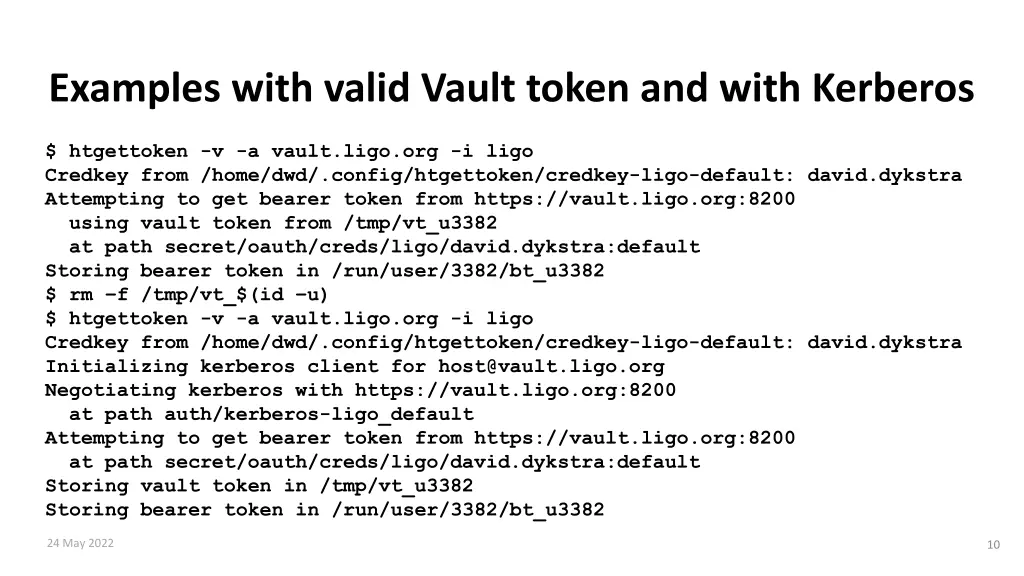 examples with valid vault token and with kerberos