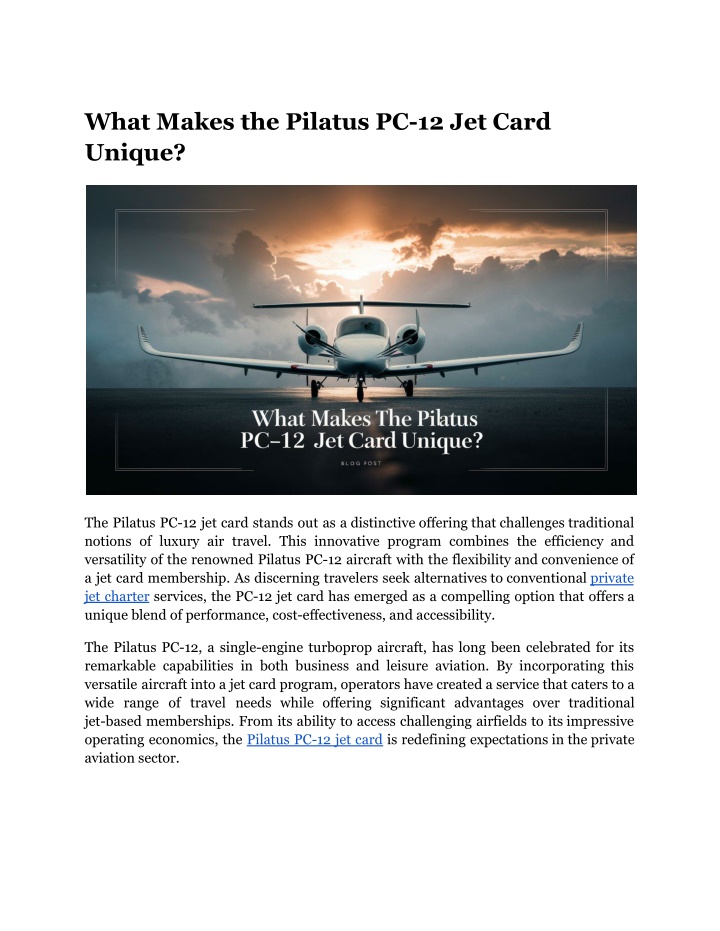 what makes the pilatus pc 12 jet card unique