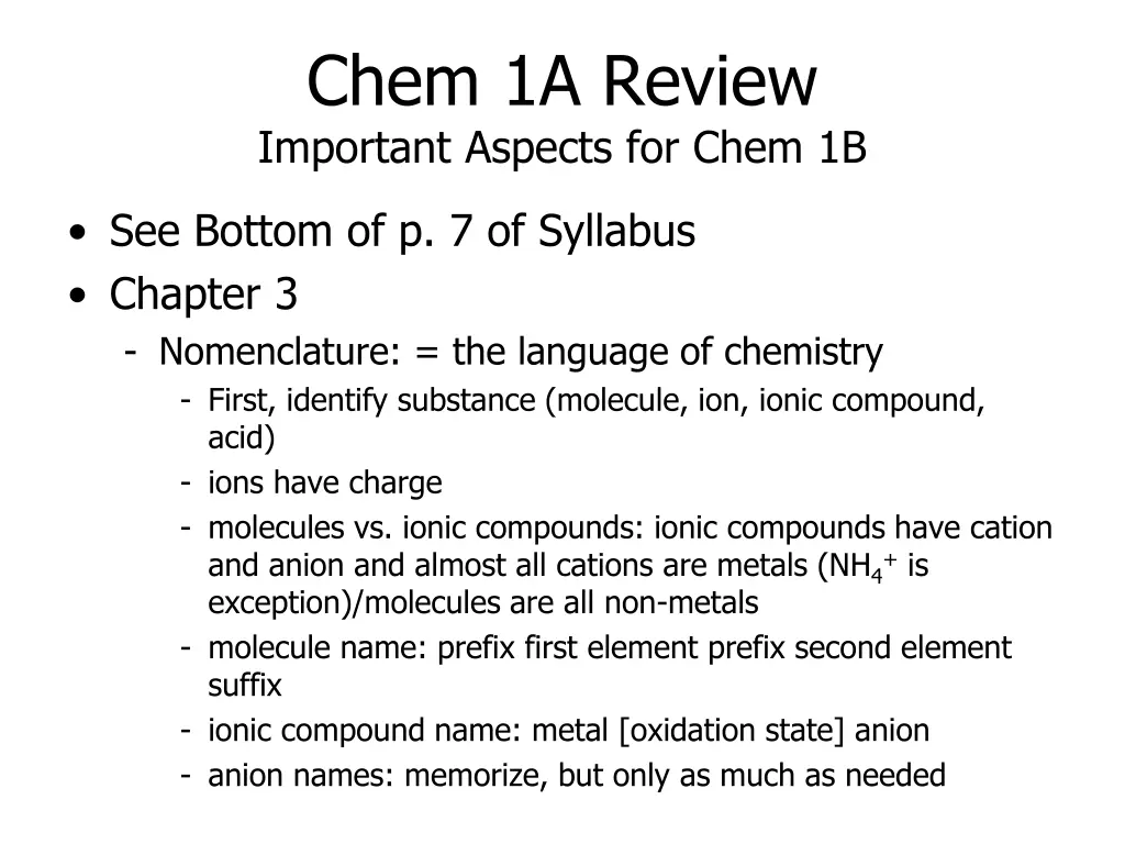 chem 1a review important aspects for chem 1b