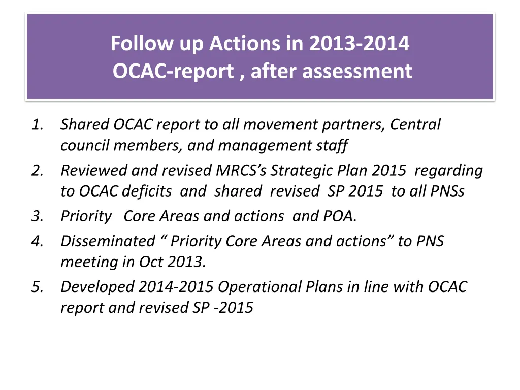 follow up actions in 2013 2014 ocac report after