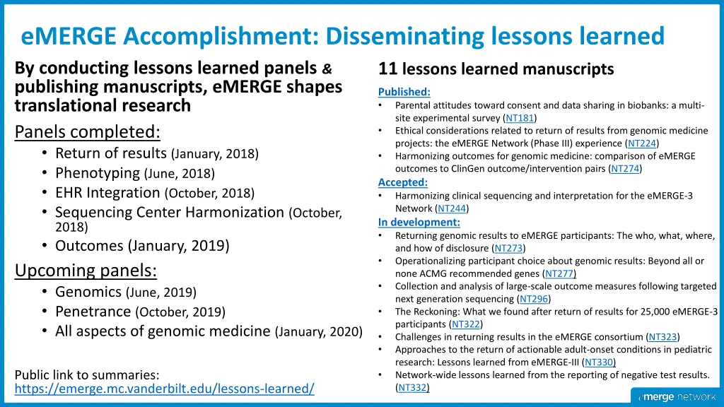 emerge accomplishment disseminating lessons