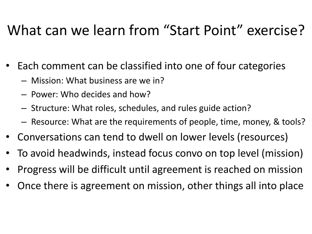 what can we learn from start point exercise