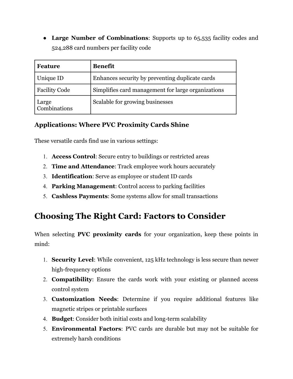 large number of combinations supports