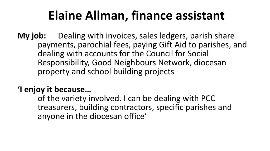 elaine allman finance assistant