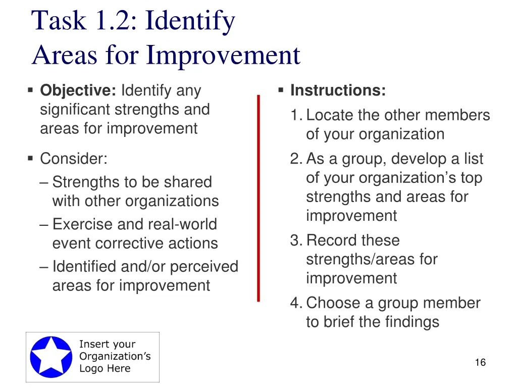 task 1 2 identify areas for improvement