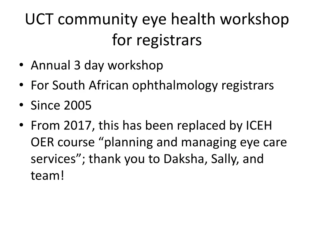 uct community eye health workshop for registrars