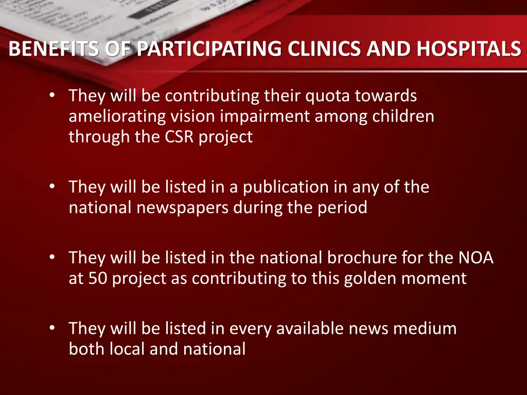 benefits of participating clinics and hospitals