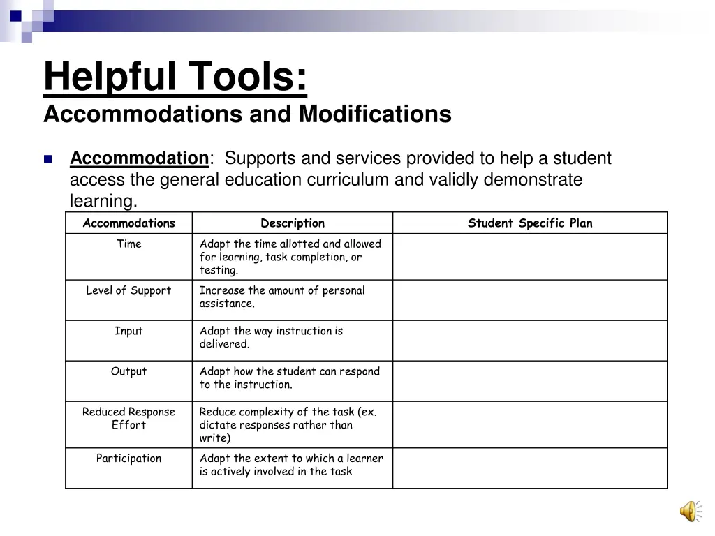 helpful tools accommodations and modifications