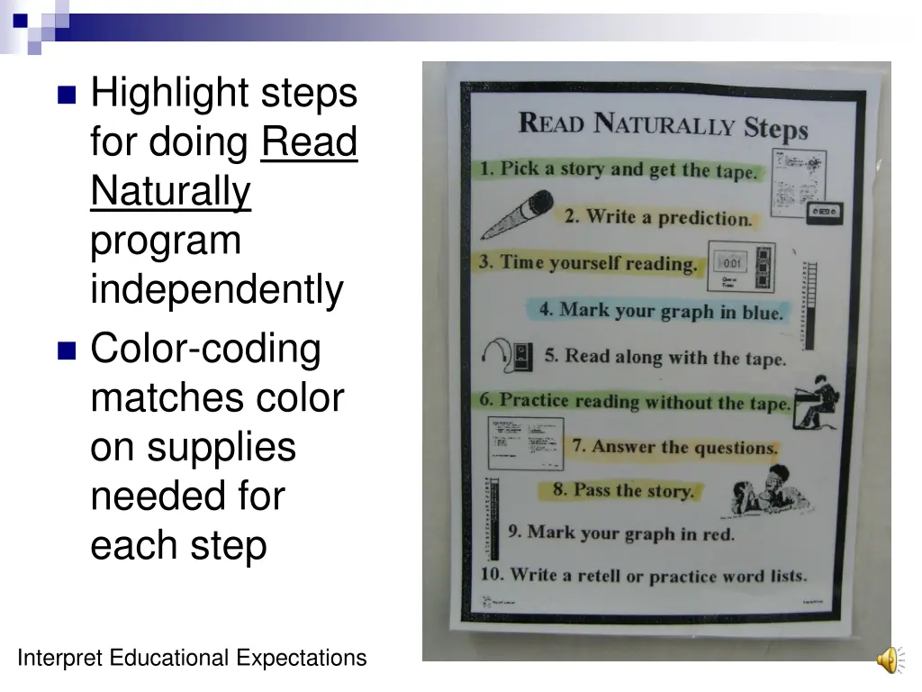 highlight steps for doing read naturally program