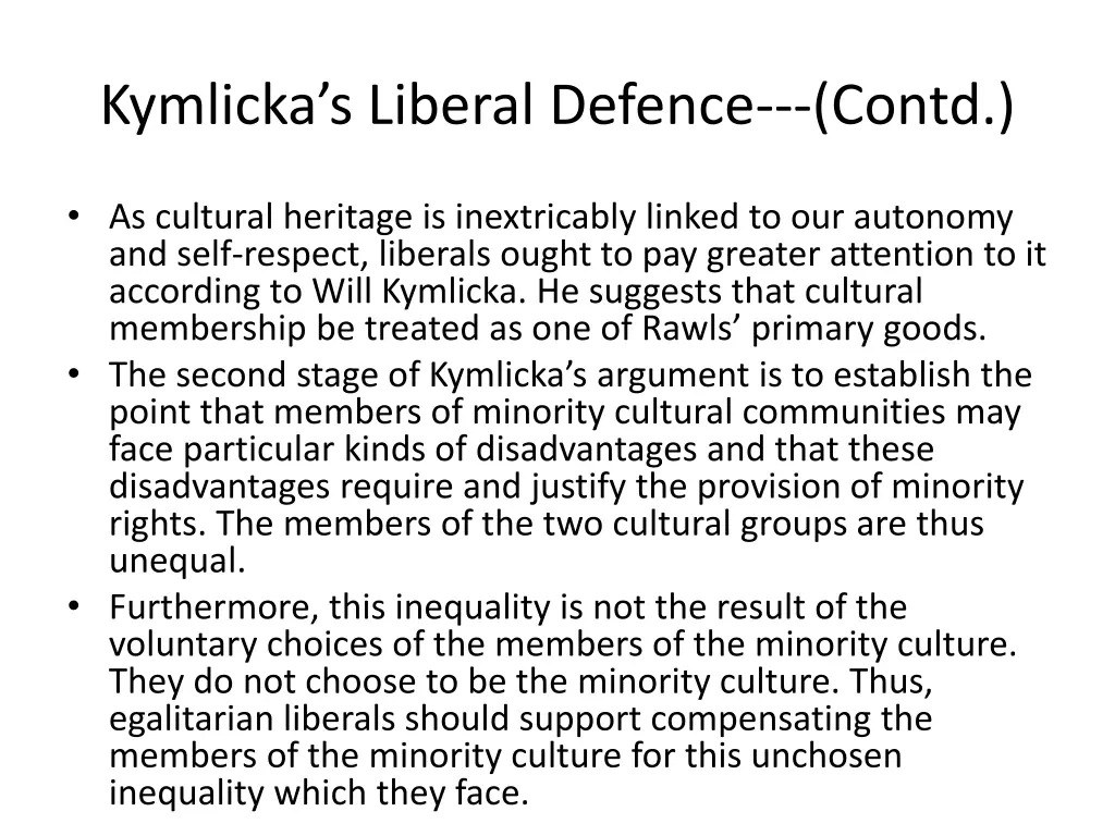 kymlicka s liberal defence contd 1