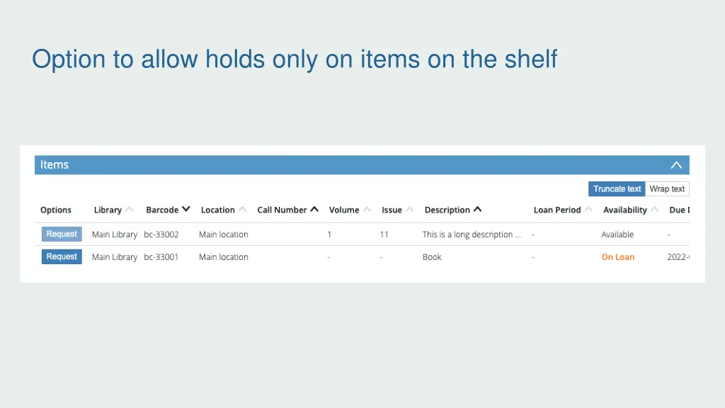 option to allow holds only on items on the shelf