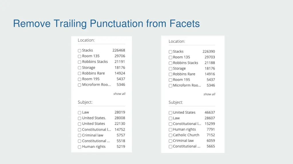 remove trailing punctuation from facets