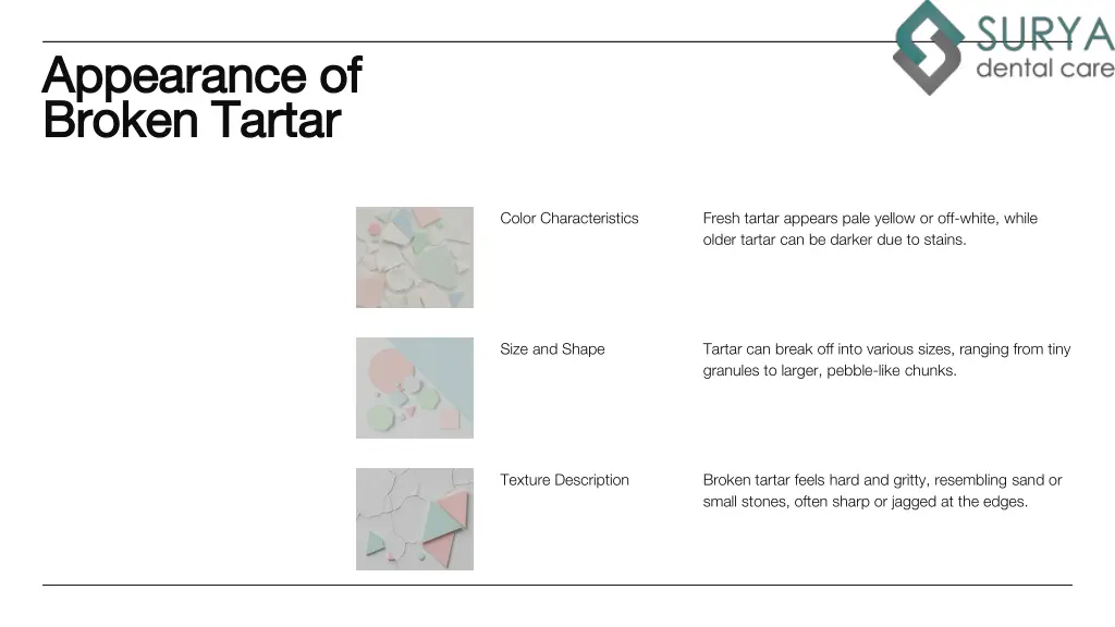 appearance of appearance of broken tartar broken