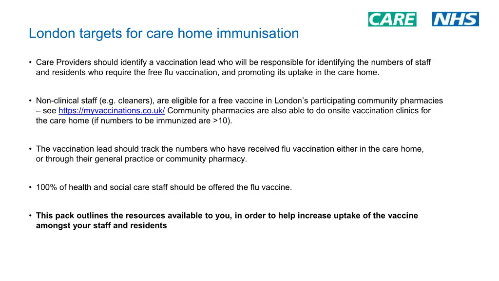 london targets for care home immunisation