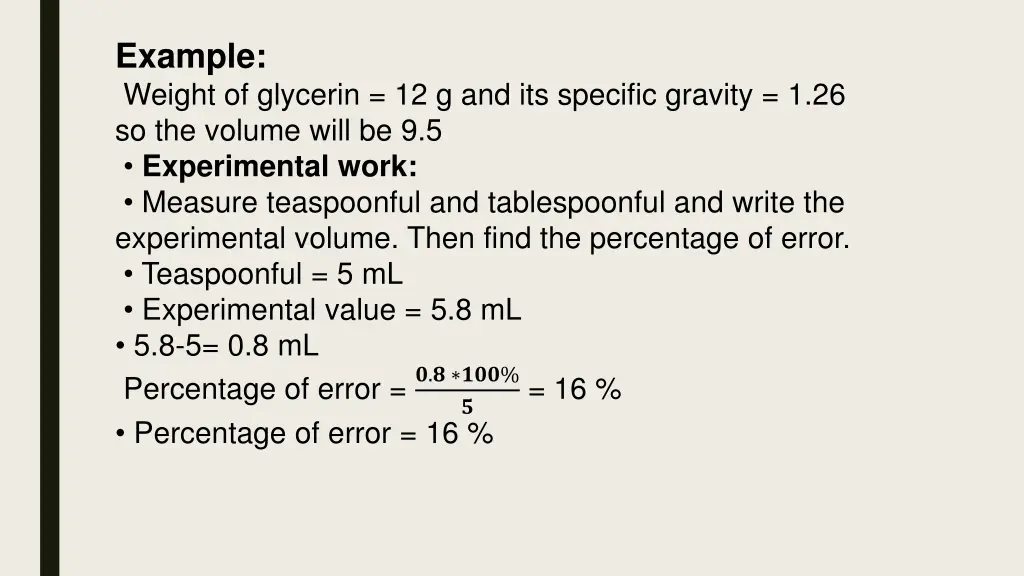 example weight of glycerin 12 g and its specific