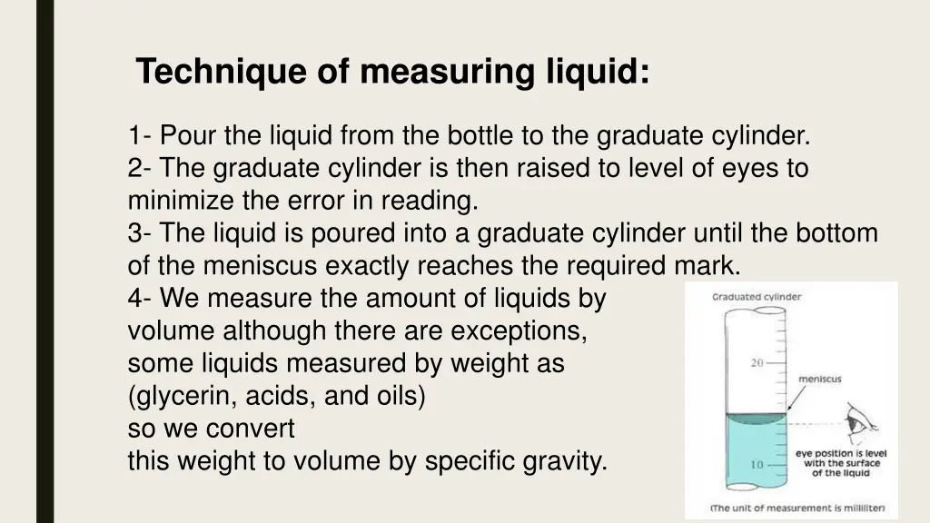 technique of measuring liquid