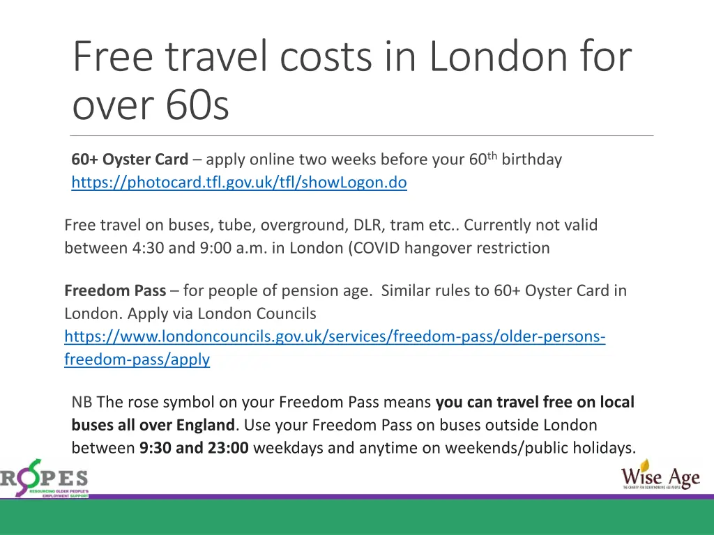 free travel costs in london for over 60s