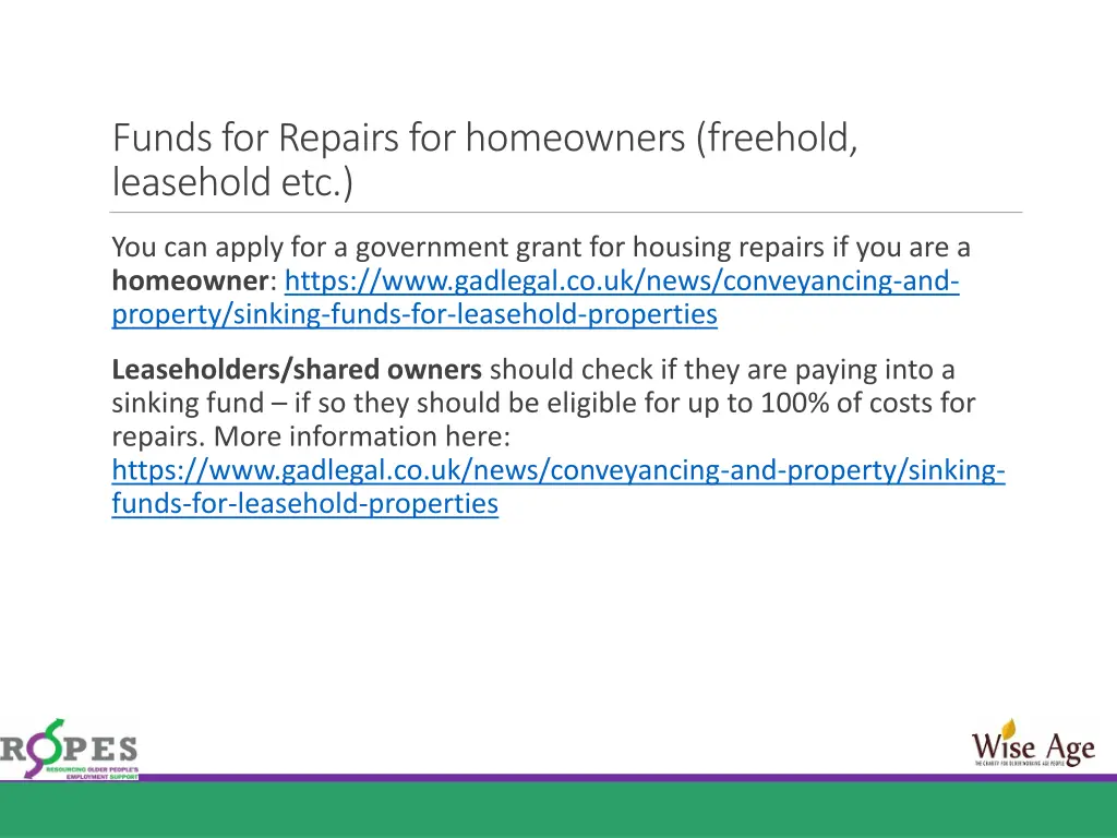 funds for repairs for homeowners freehold