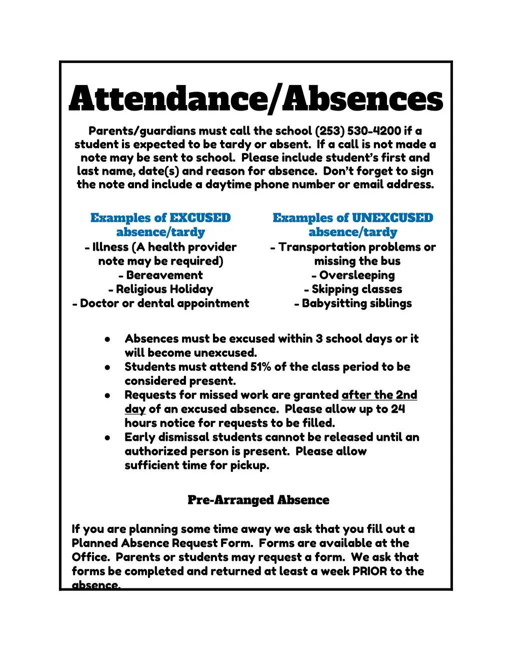 attendance absences parents guardians must call