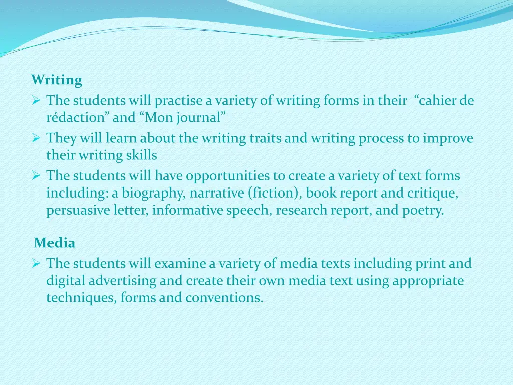 writing the students will practise a variety