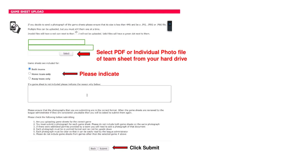 select pdf or individual photo file of team sheet