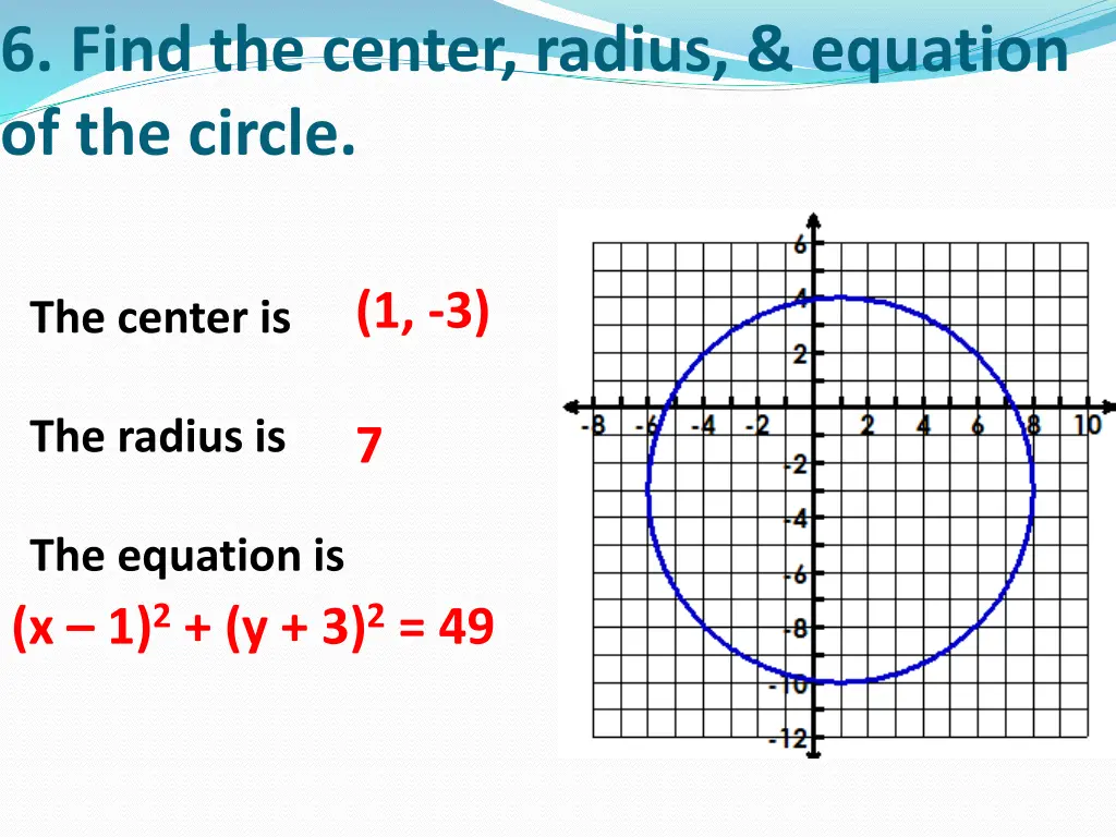 6 find the center radius equation of the circle