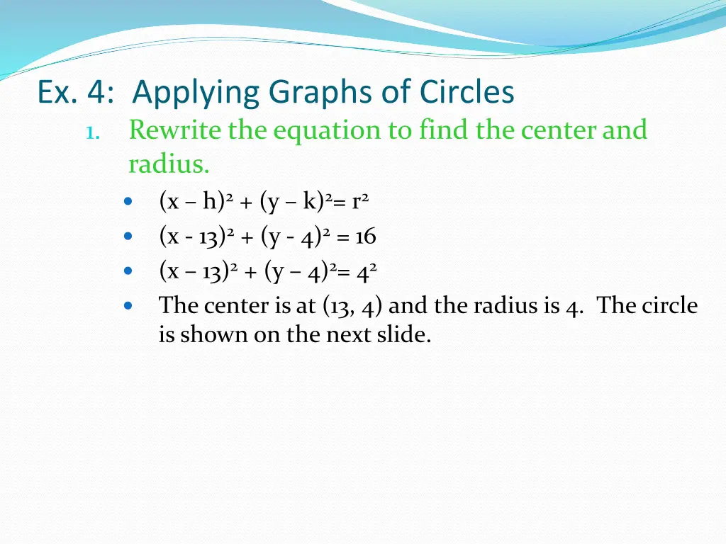 ex 4 applying graphs of circles 1 rewrite