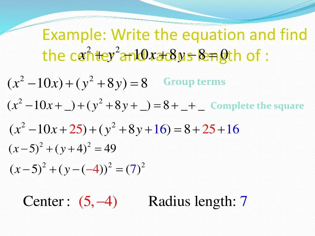 example write the equation and find the center