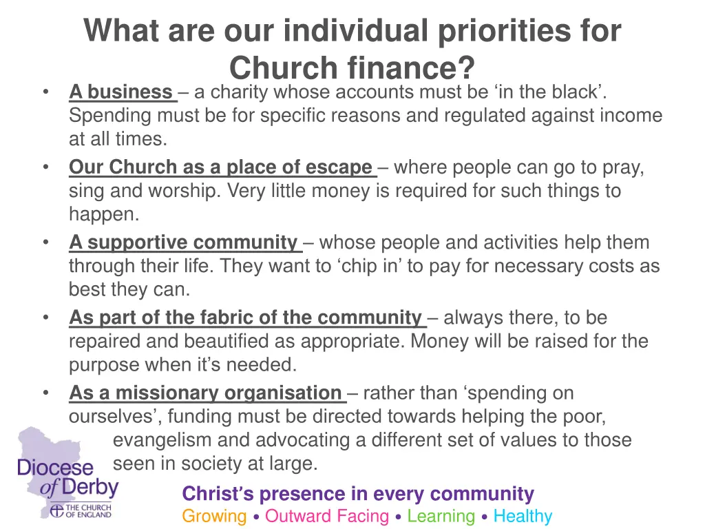 what are our individual priorities for church