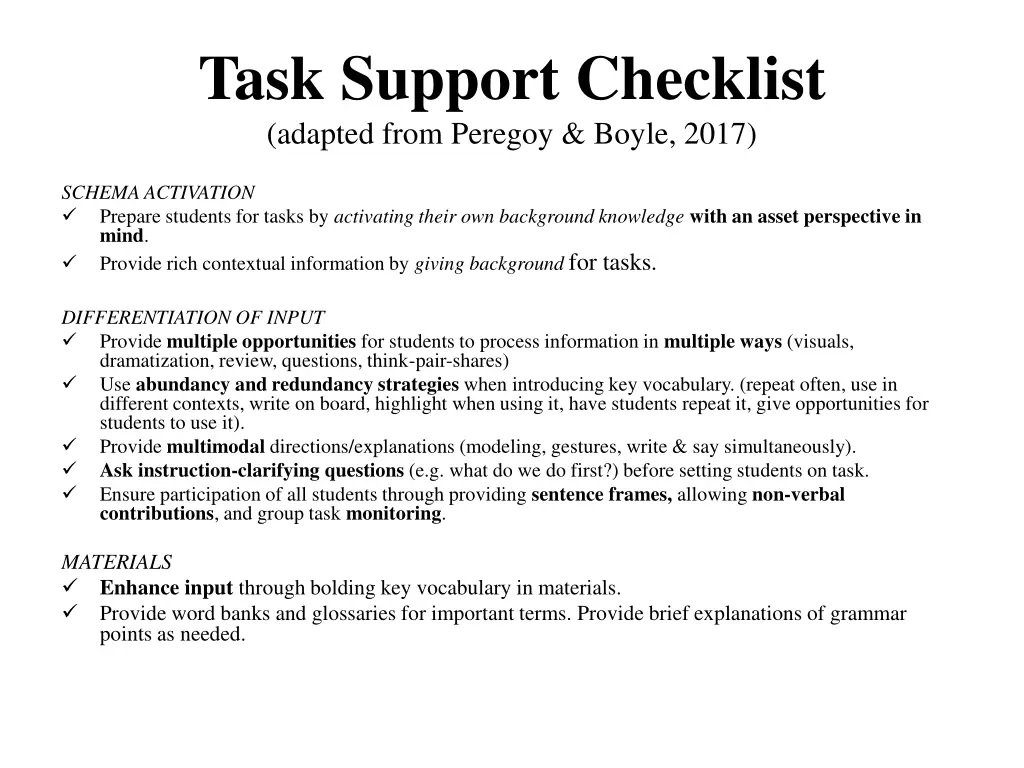 task support checklist adapted from peregoy boyle