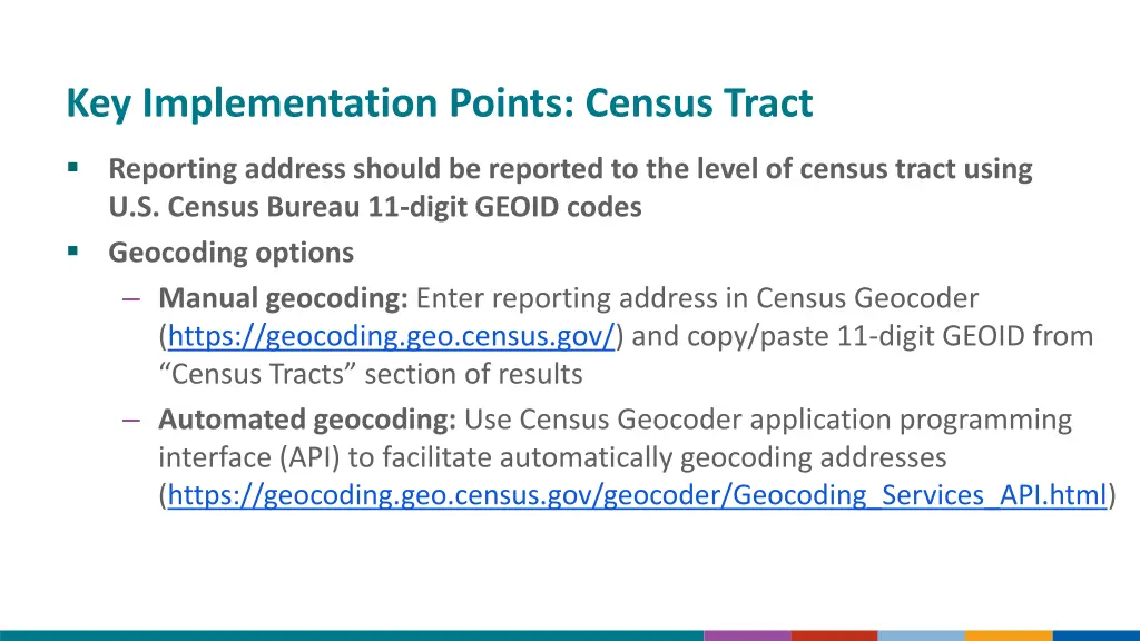 key implementation points census tract