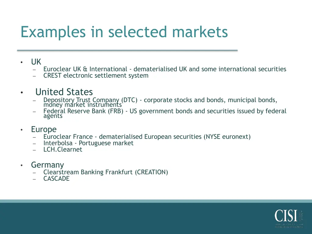 examples in selected markets