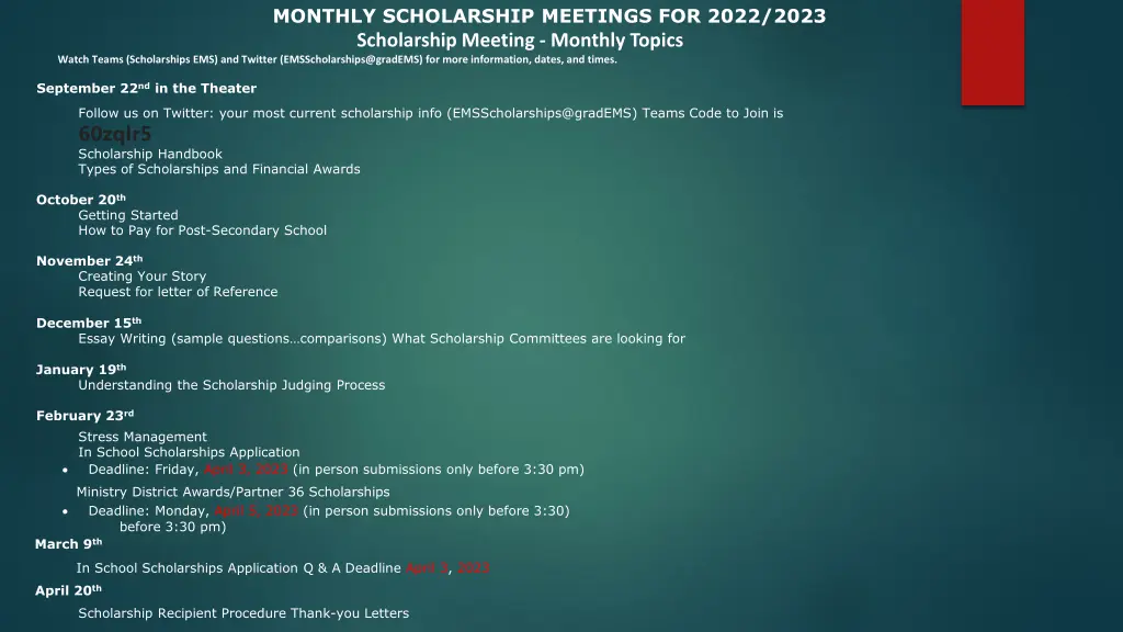 monthly scholarship meetings for 2022 2023