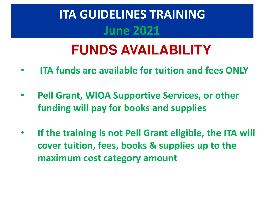 ita guidelines training june 2021 funds