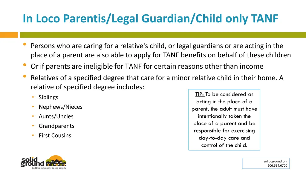 in loco parentis legal guardian child only tanf