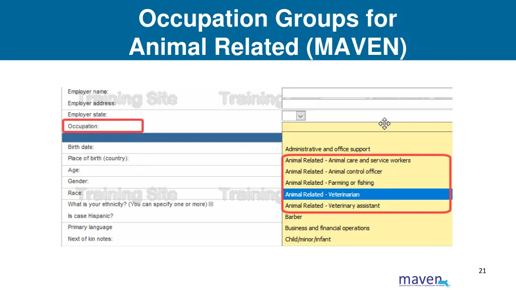 occupation groups for animal related maven