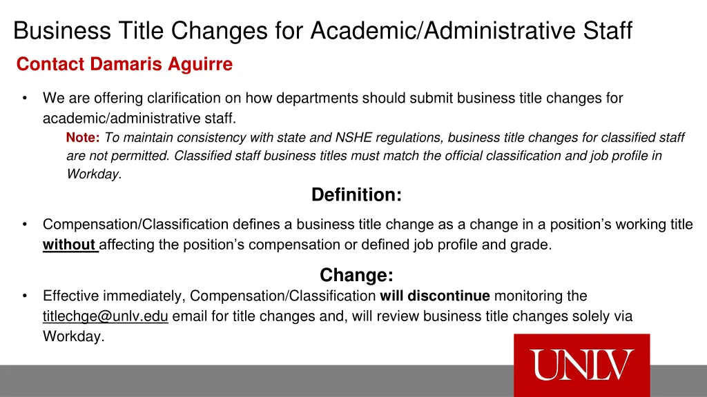 business title changes for academic