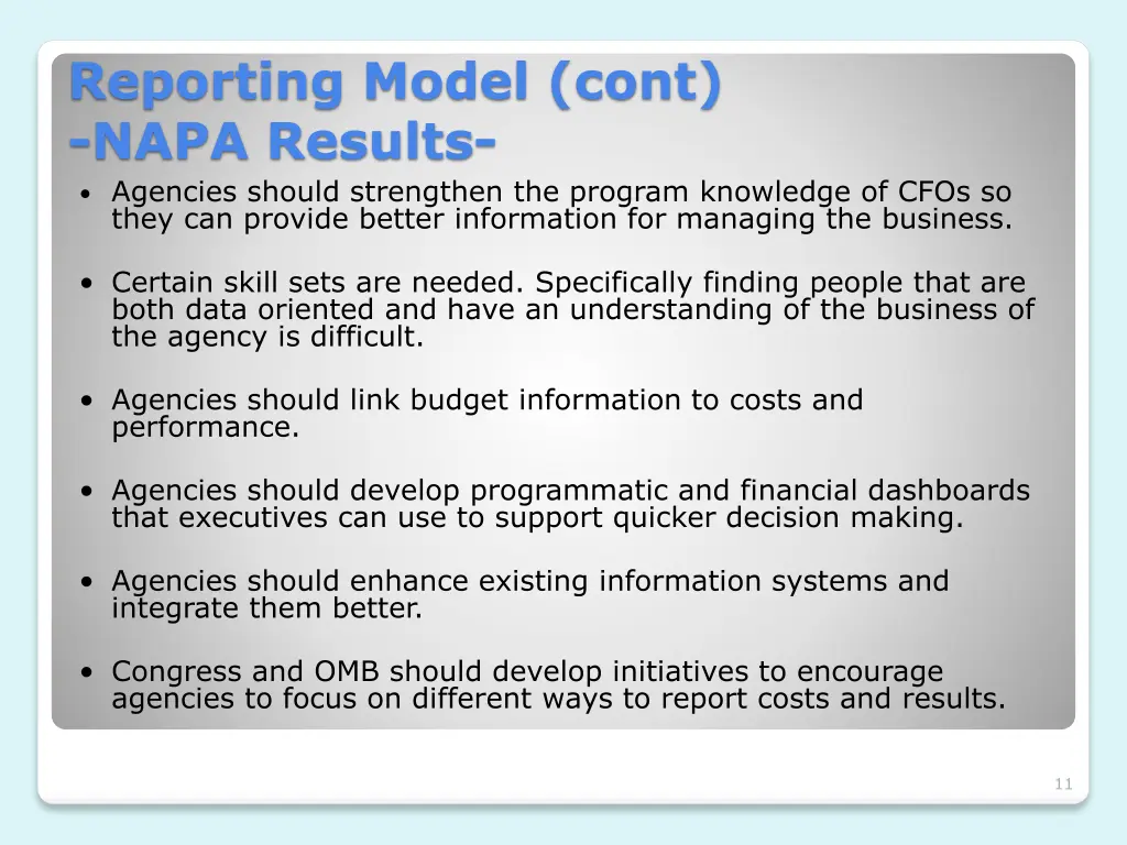 reporting model cont napa results agencies should