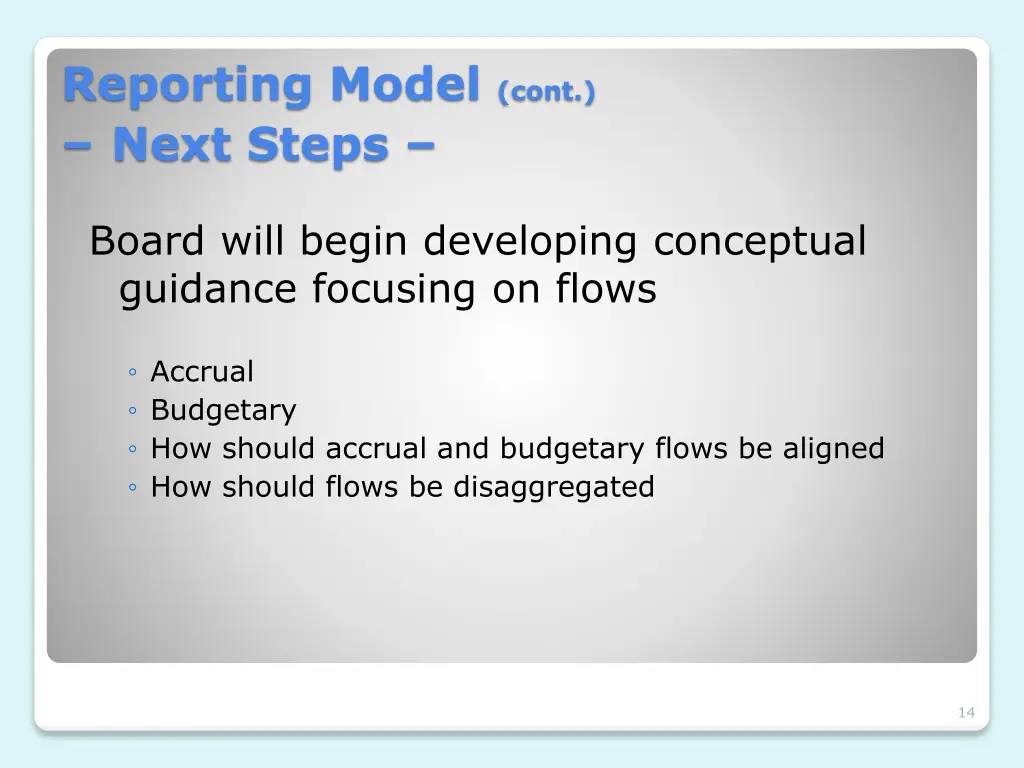 reporting model cont next steps