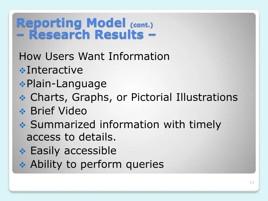 reporting model cont research results