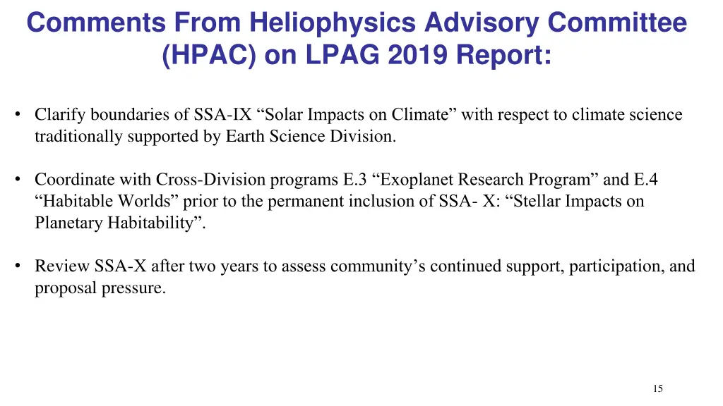 comments from heliophysics advisory committee