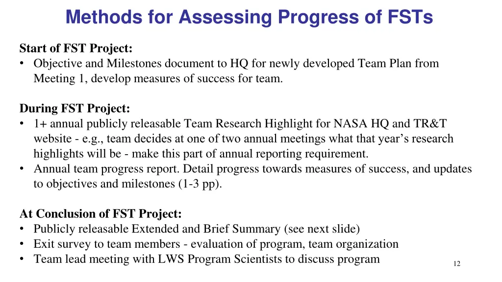 methods for assessing progress of fsts