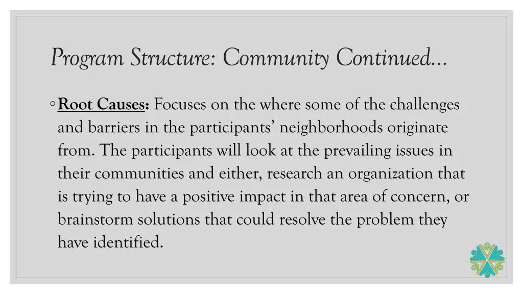 program structure community continued