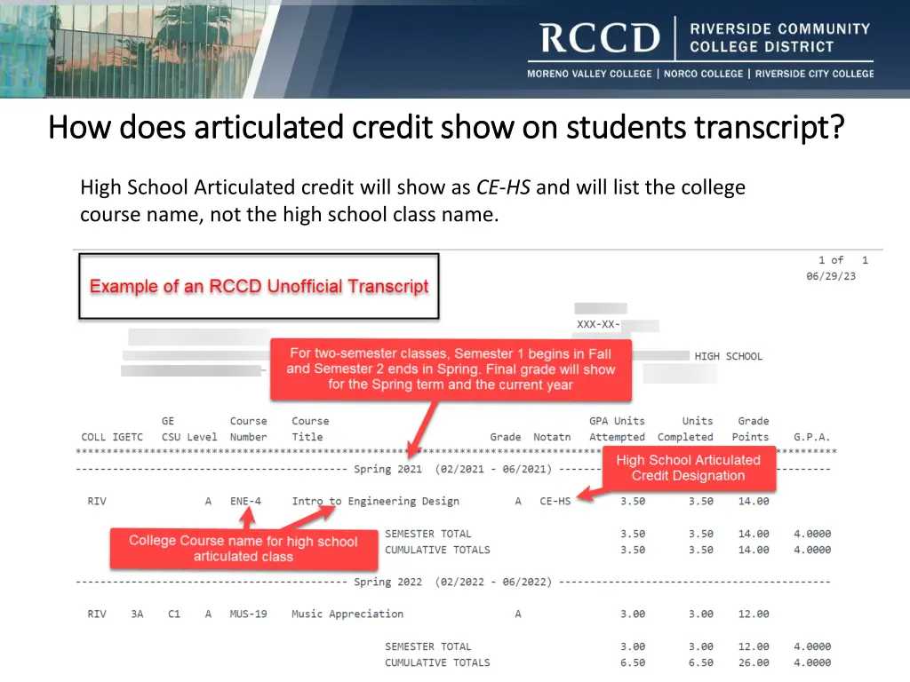 how does articulated credit show on students