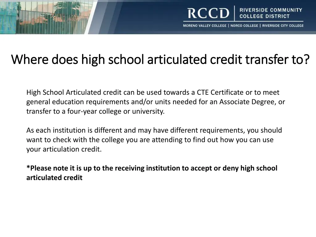 where does high school articulated credit