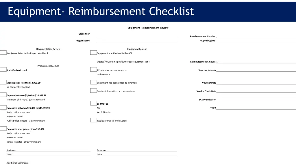 equipment reimbursement checklist