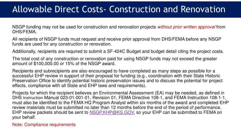 allowable direct costs construction and renovation