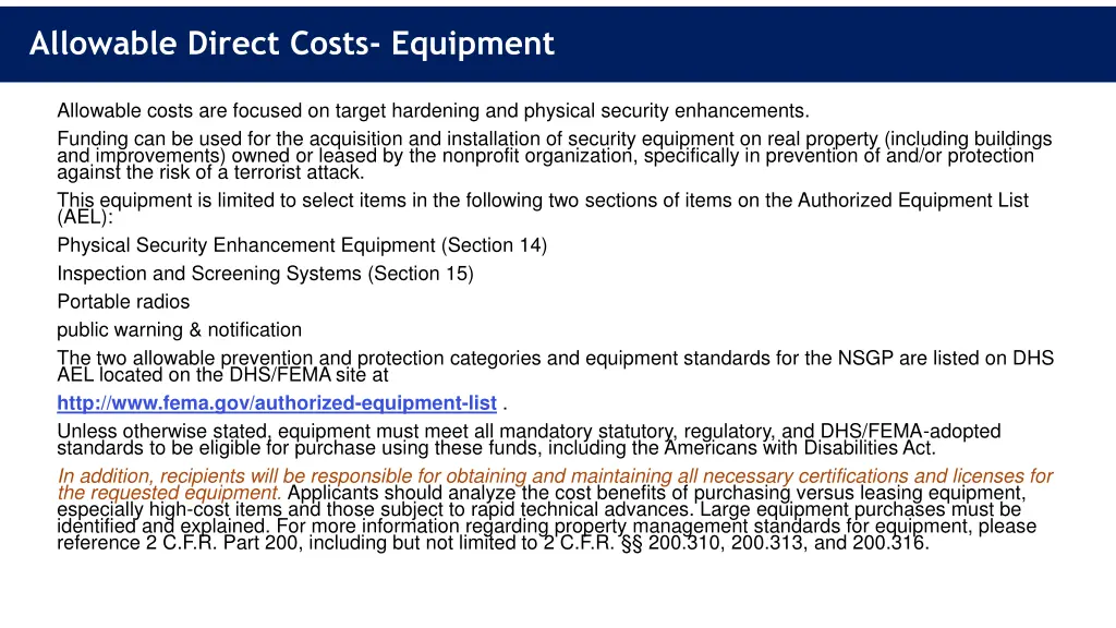 allowable direct costs equipment