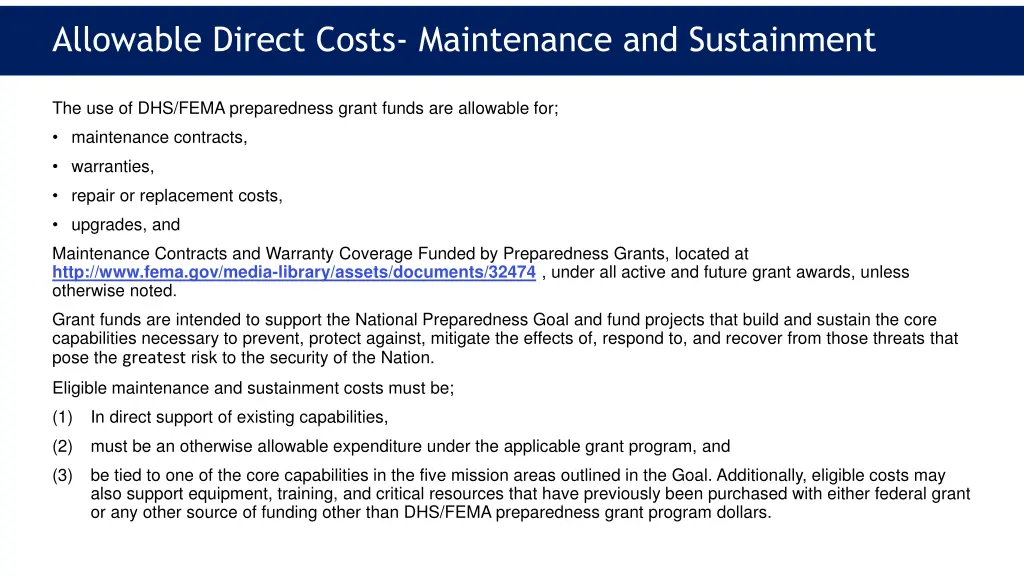 allowable direct costs maintenance and sustainment